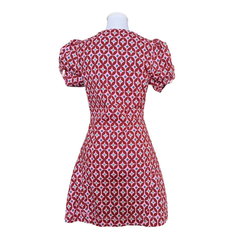 Free People Oakley Mini Geometric Print Mini Dress Pink Puff Sleeve Ruched - Picture 6 of 10